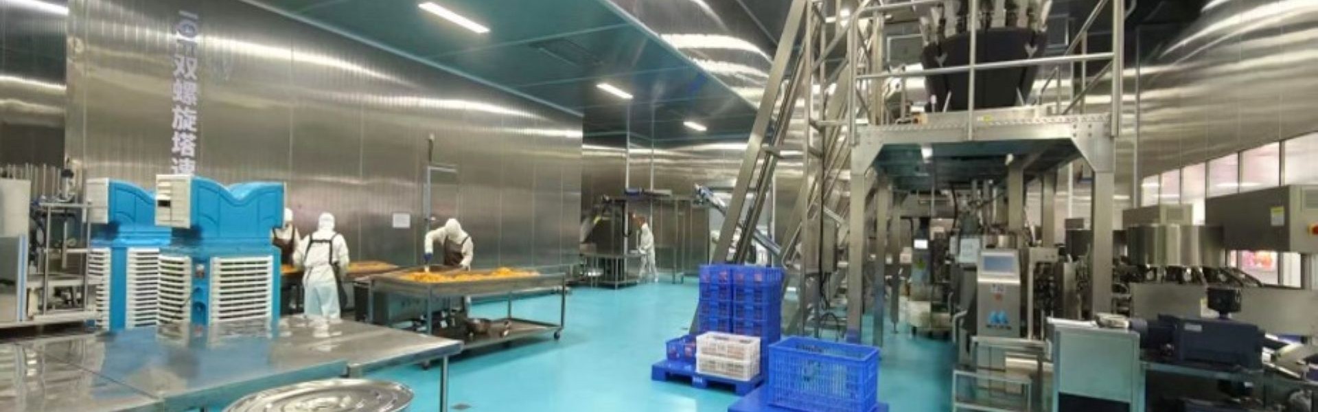 A production line equipped with twin-spiral tower quick-freezing equipment