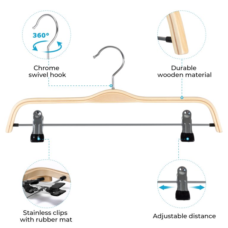 JS HANGER Light Weight Wood Skirt Hangers with Clips