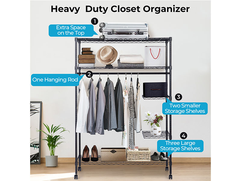 JS HOME Heavy Duty Garment Rack, Free-Standing Rolling Clothes Rack with Fitted Grey Oxford Cover, Extra Large Wardrobe Storage Rack/Organizer