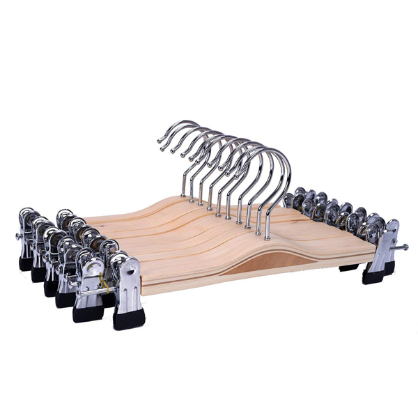 JS HANGER Sturdy Natural Finish Wood Pant Skirt Hangers with 2-Adjustable Clips