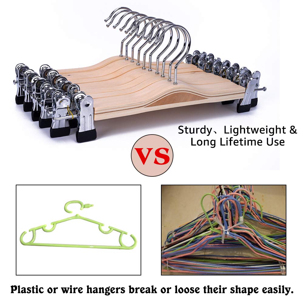 JS HANGER Sturdy Natural Finish Wood Pant Skirt Hangers with 2-Adjustable Clips
