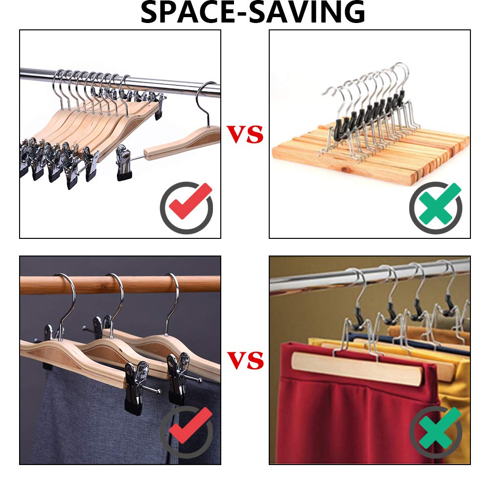 JS HANGER Sturdy Natural Finish Wood Pant Skirt Hangers with 2-Adjustable Clips