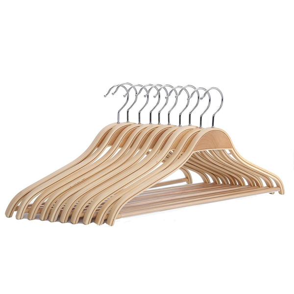 JS HANGER Solid Natural Wooden Coat Shirt Hangers with Non-Slip Pant Bar