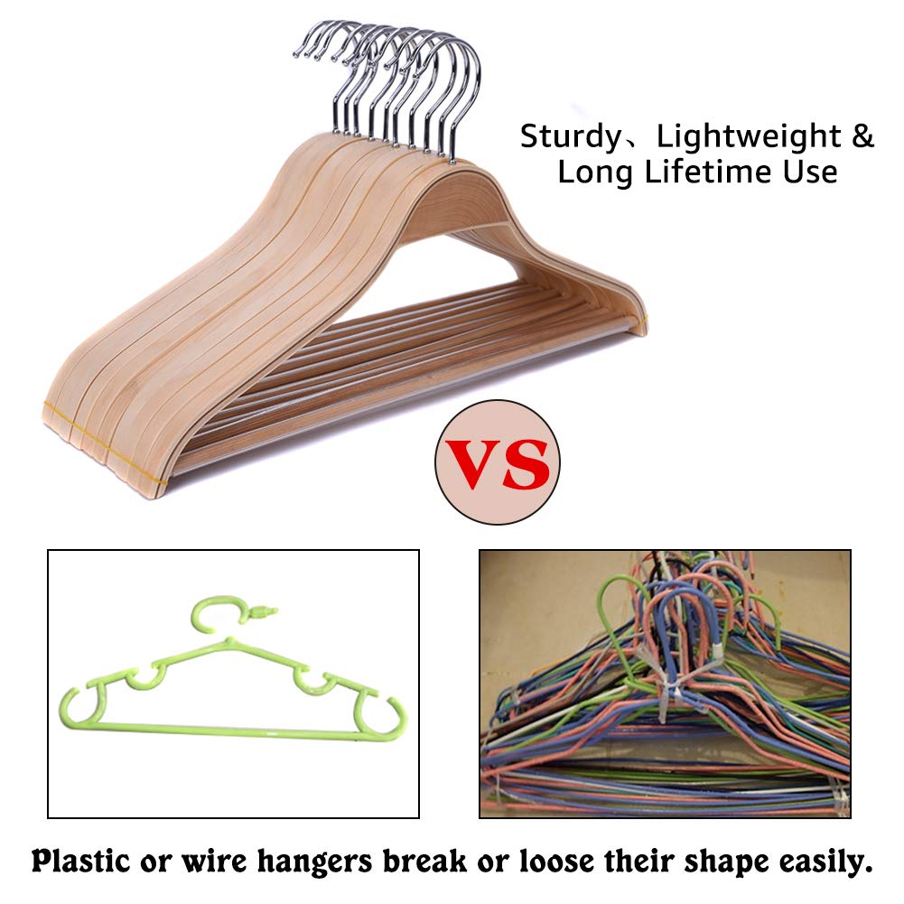 JS HANGER Solid Natural Wooden Coat Shirt Hangers with Non-Slip Pant Bar