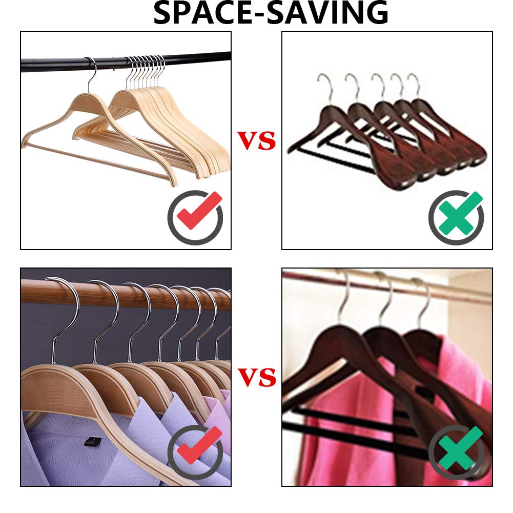 JS HANGER Solid Natural Wooden Coat Shirt Hangers with Non-Slip Pant Bar