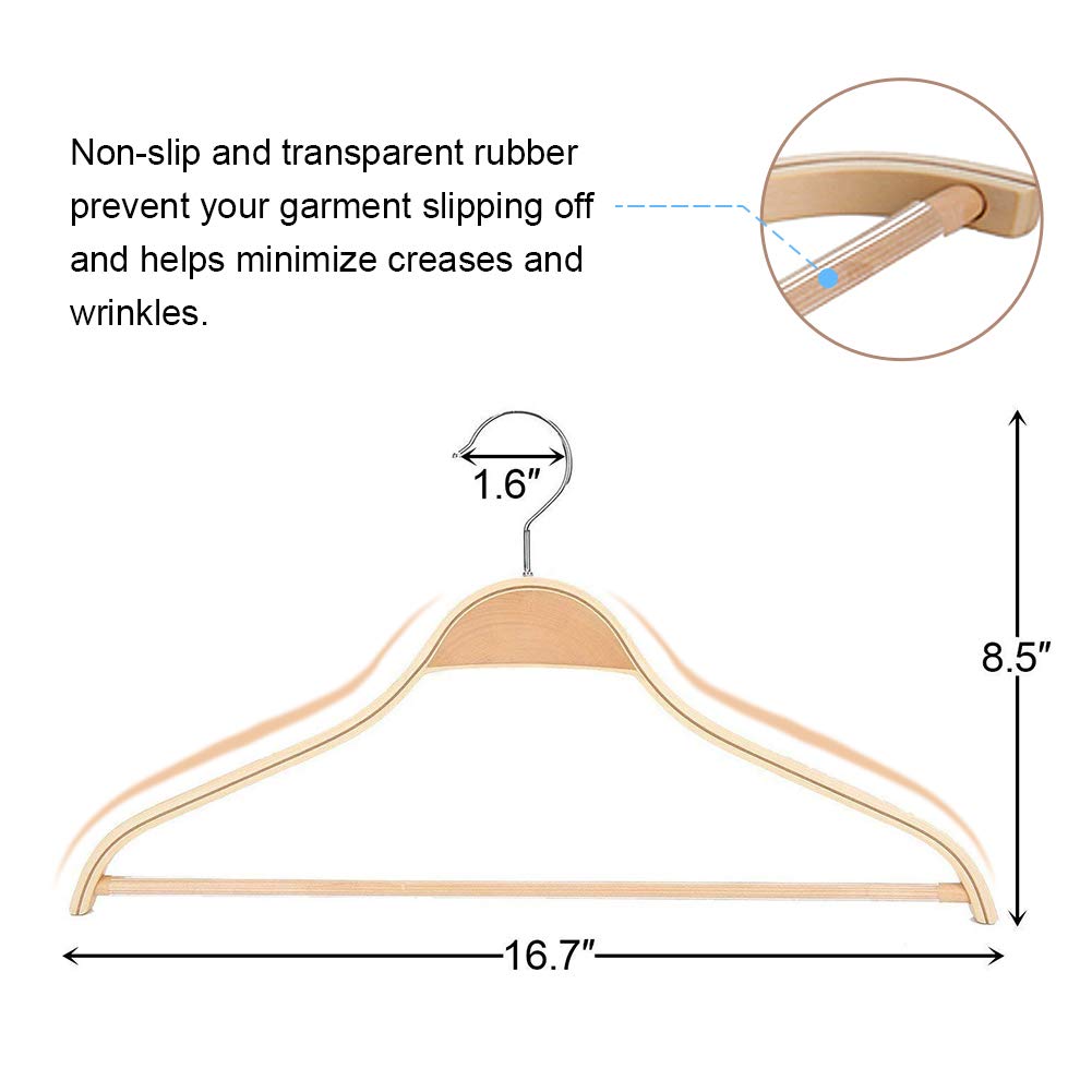 JS HANGER Solid Natural Wooden Coat Shirt Hangers with Non-Slip Pant Bar