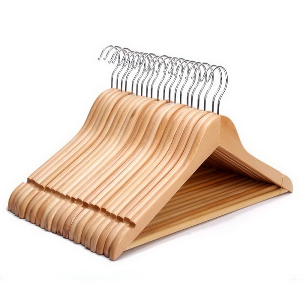 JS HANGER Solid Wooden Suit Hangers Natural Finish with Anti-rust Hooks and Non-slip Bar