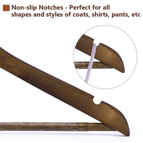 JS HANGER Solid Wooden Suit Hangers Retro Finish with Anti-Rust Hooks and Non-Slip Bar