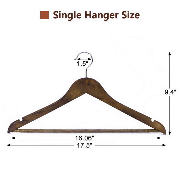 JS HANGER Solid Wooden Suit Hangers Retro Finish with Anti-Rust Hooks and Non-Slip Bar